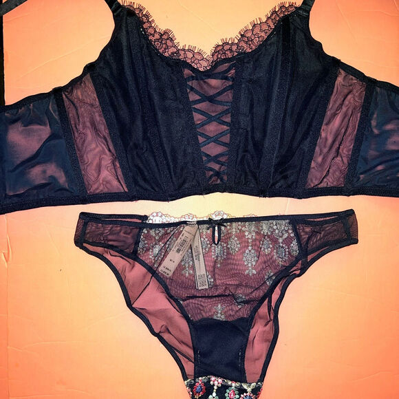 Victoria's Secret 36C/D L CORSET BRA TOP SET Panty navy BLUE Bejeweled EMBROIDER - Picture 4 of 4